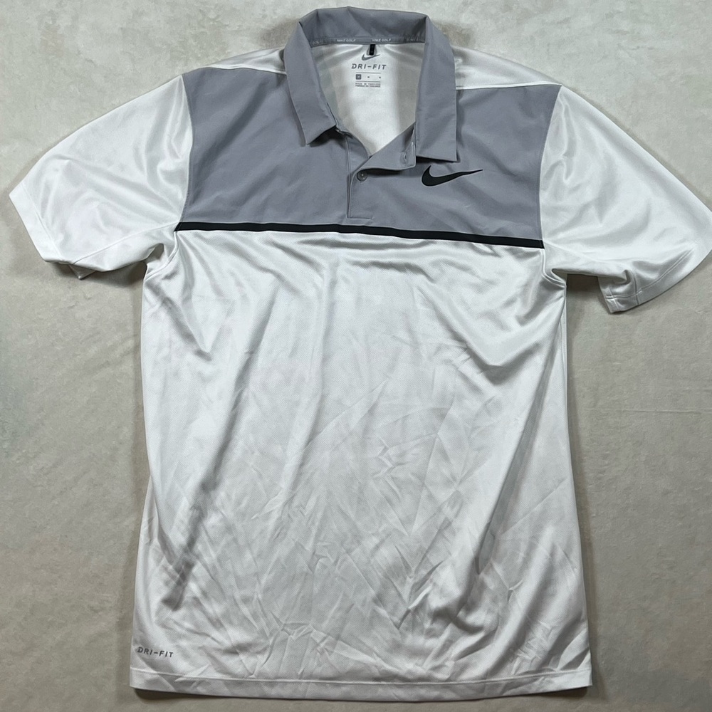 Nike Golf Tiger Woods TW Men’s Medium Dri-Fit Gray White Classic Golf Polo Shirt